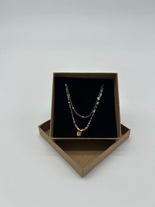 DOUBLE GOLD WITH BLACK BEADS  NECKLACE