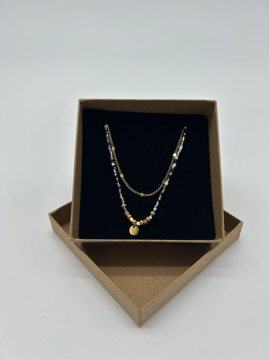 DOUBLE GOLD WITH BLACK BEADS  NECKLACE