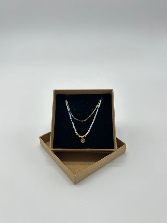 DOUBLE GOLD WITH BLUE BEADS  NECKLACE