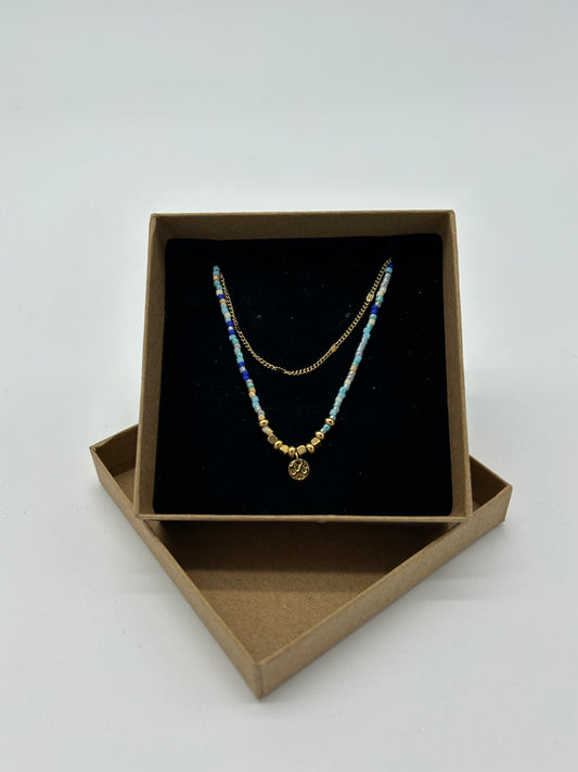 DOUBLE GOLD WITH BLUE BEADS  NECKLACE