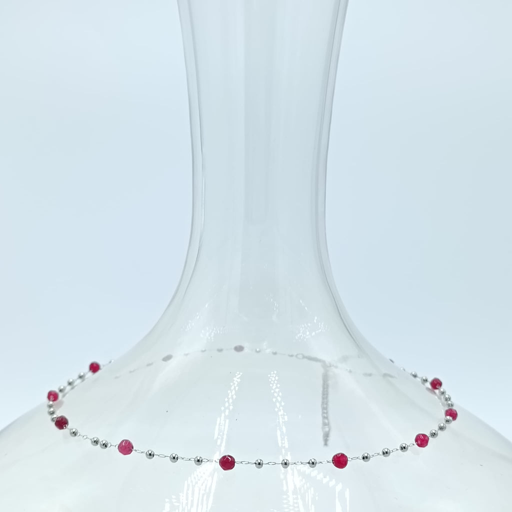 SILVER DOTS WITH RED STONE NECKLACE