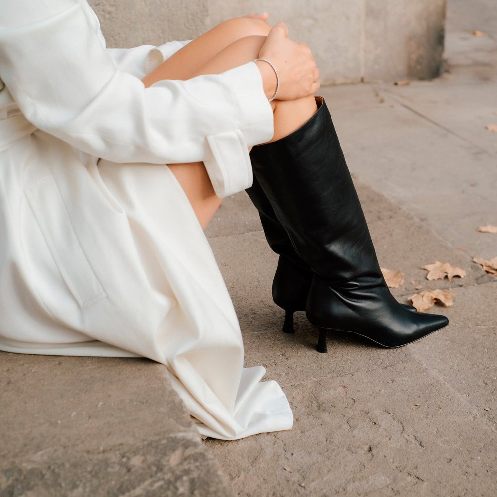 PEPA BLACK LEATHER BOOT HEEL MIDI 5CM