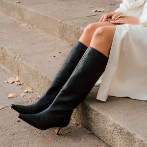 PEPA BLACK LEATHER BOOT HEEL MIDI 5CM