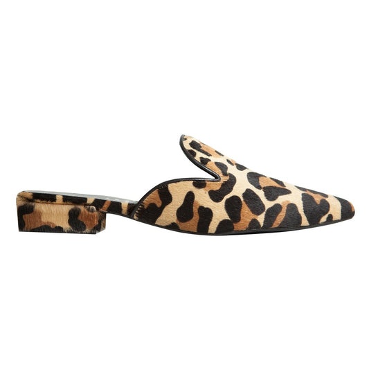 BOSCO MULES LEOPARD EFFECT PONY SKIN WITH BLACK LEATHER EDGING