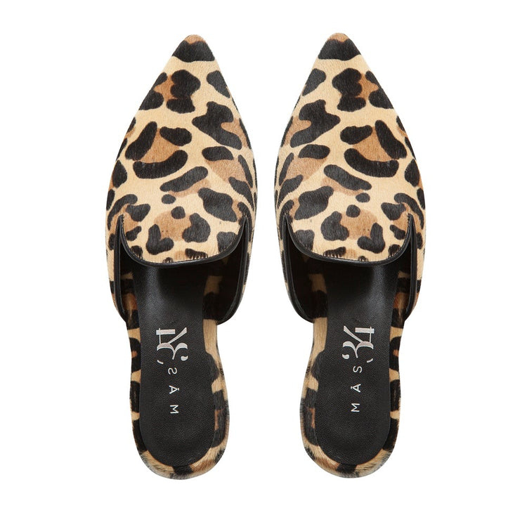 BOSCO MULES LEOPARD EFFECT PONY SKIN WITH BLACK LEATHER EDGING