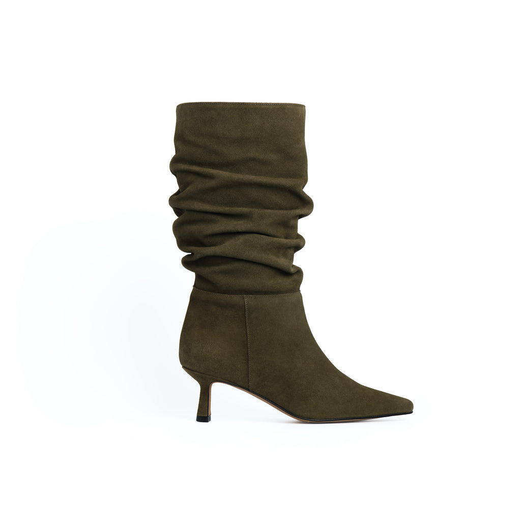OSCAR BOOTIE KHAKI SUEDE MIDI HEEL 5CM