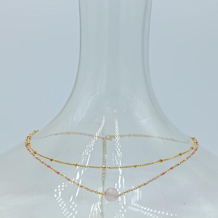 GOLD PINK STONE DOUBLE NECKLACE