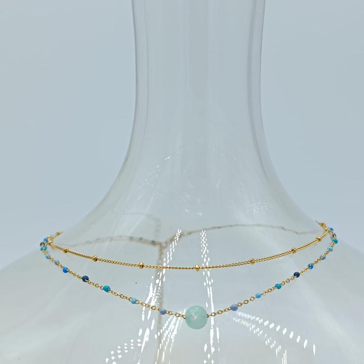 GOLD SKY BLUE STONE DOUBLE NECKLACE